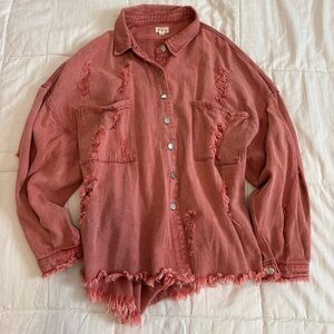 POL Vintage Rose Distressed Shacket | Pink Denim Boho Jacket